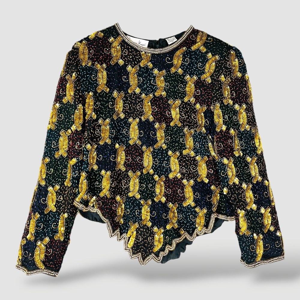 Vintage 90s Laurence Kazar Silk Beaded Sequin Top XXL Black Gold Art Deco